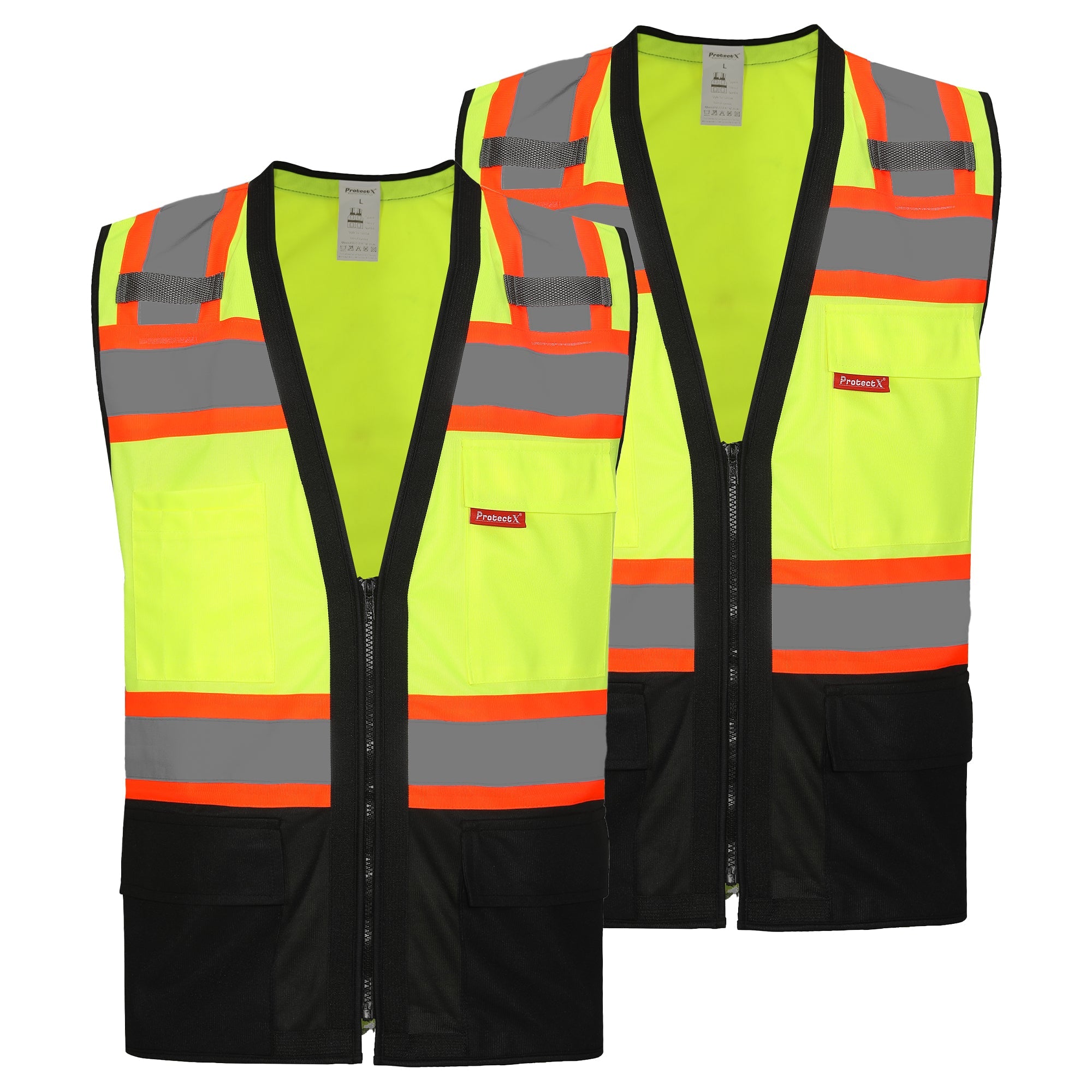 ProtectX Safety Vest ANSI Neon Green Class 2 Hi-Visibility Vest All Solid Fabric with 6 Pockets, ANSI/ISEA Certified <br>SV-120SS4-GNBK