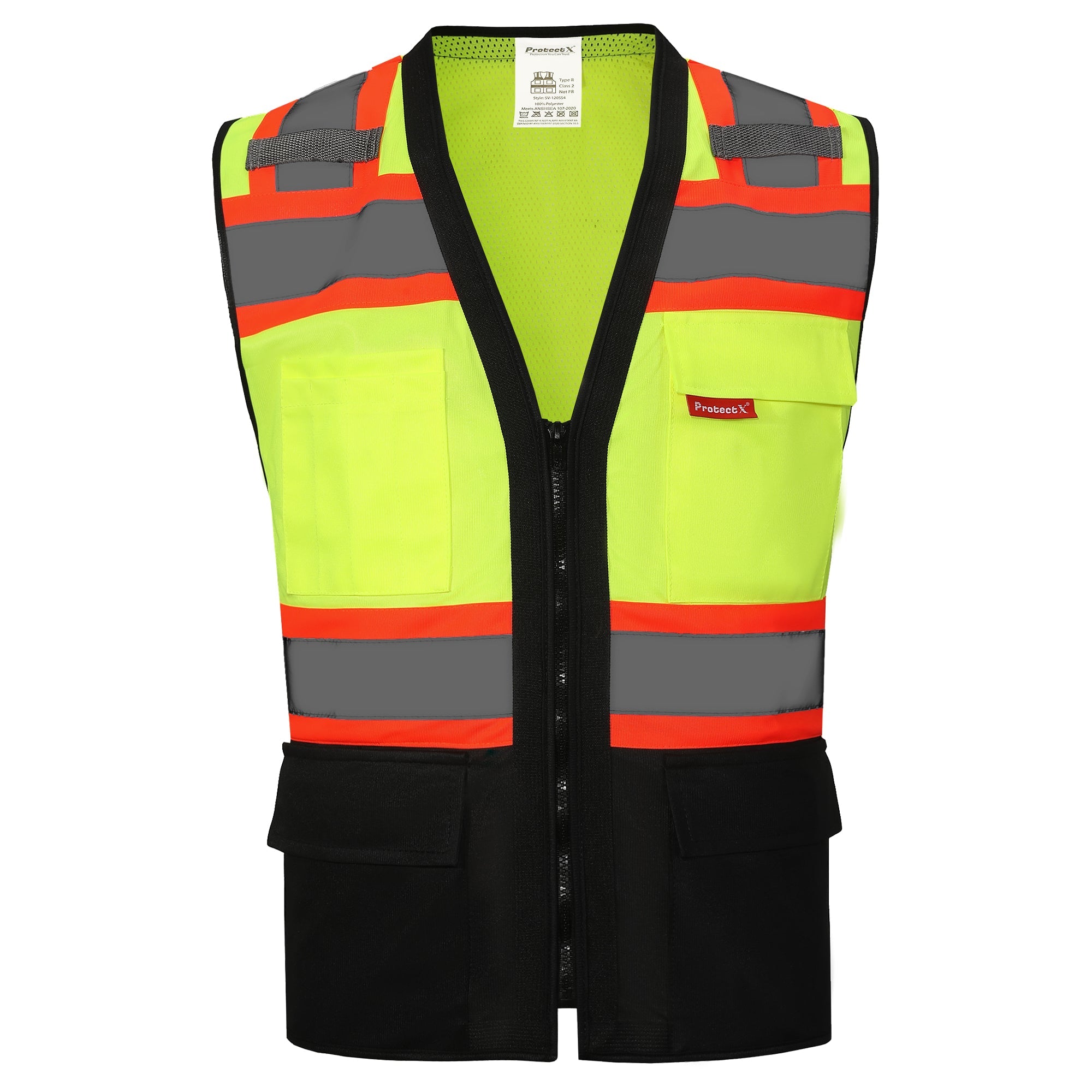 ProtectX Safety Vest ANSI Neon Green Class 2 Hi-Visibility Vest Solid Front Mesh Back with 6 Pockets ANSI/ISEA Certified <br>SV-120SM4-GNBK