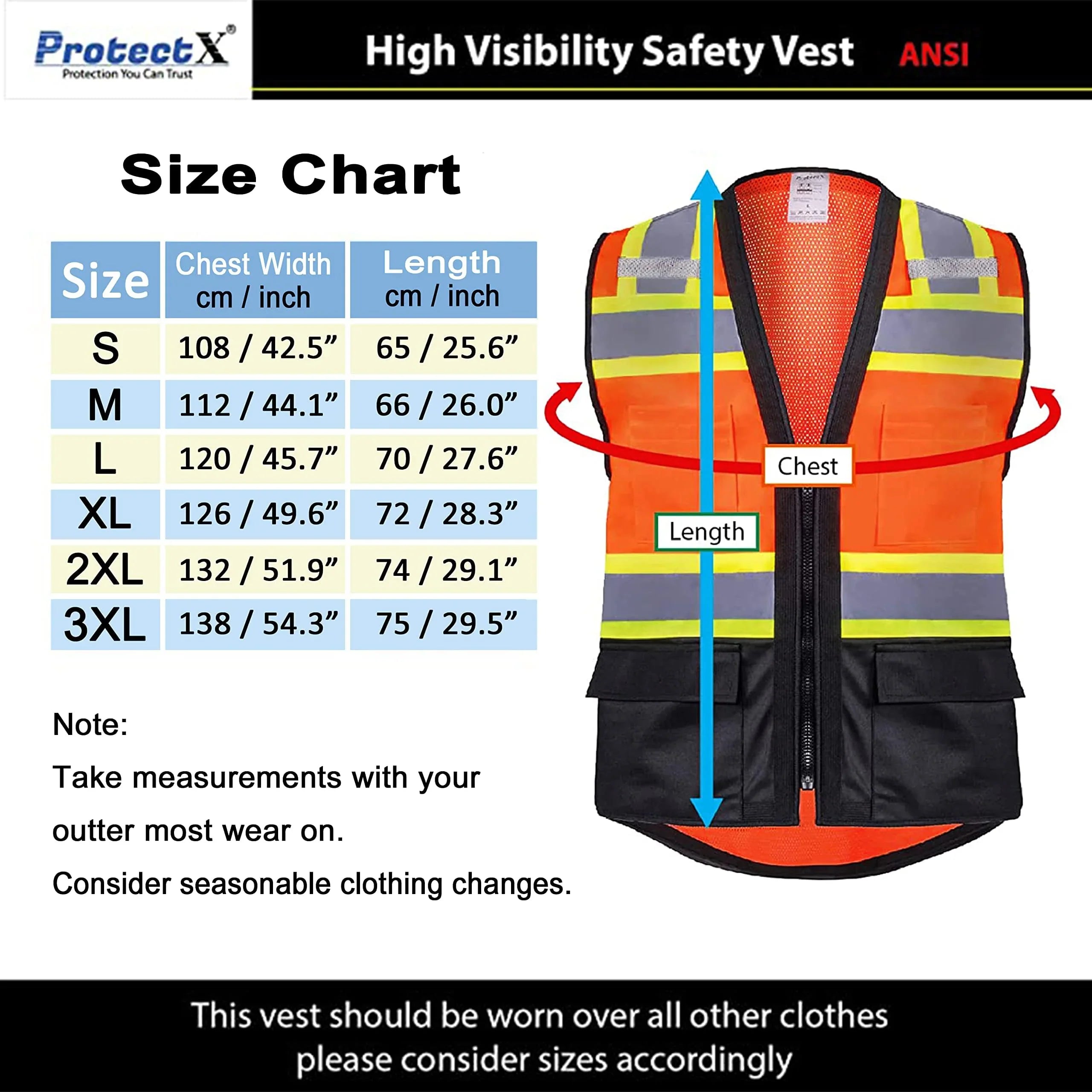ProtectX Safety Vest ANSI Neon Orange Class 2 Hi-Visibility Vest All Solid Fabric with 6 Pockets, ANSI/ISEA Certified <br>SV-120SS4-ORBK
