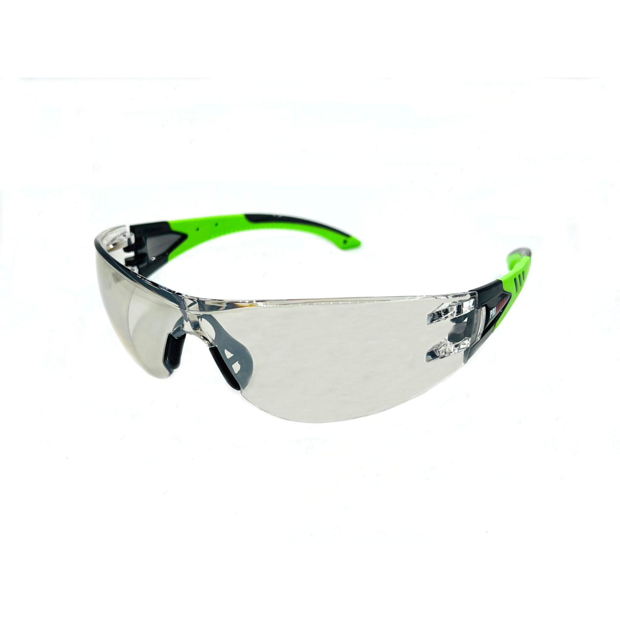 Rimless Safety Glasses With Hi-Viz Green/Black Temple, Ribbed Rubber Nosepiece, I/O Lens and Anti-Scratch Coating<br> SG50IO