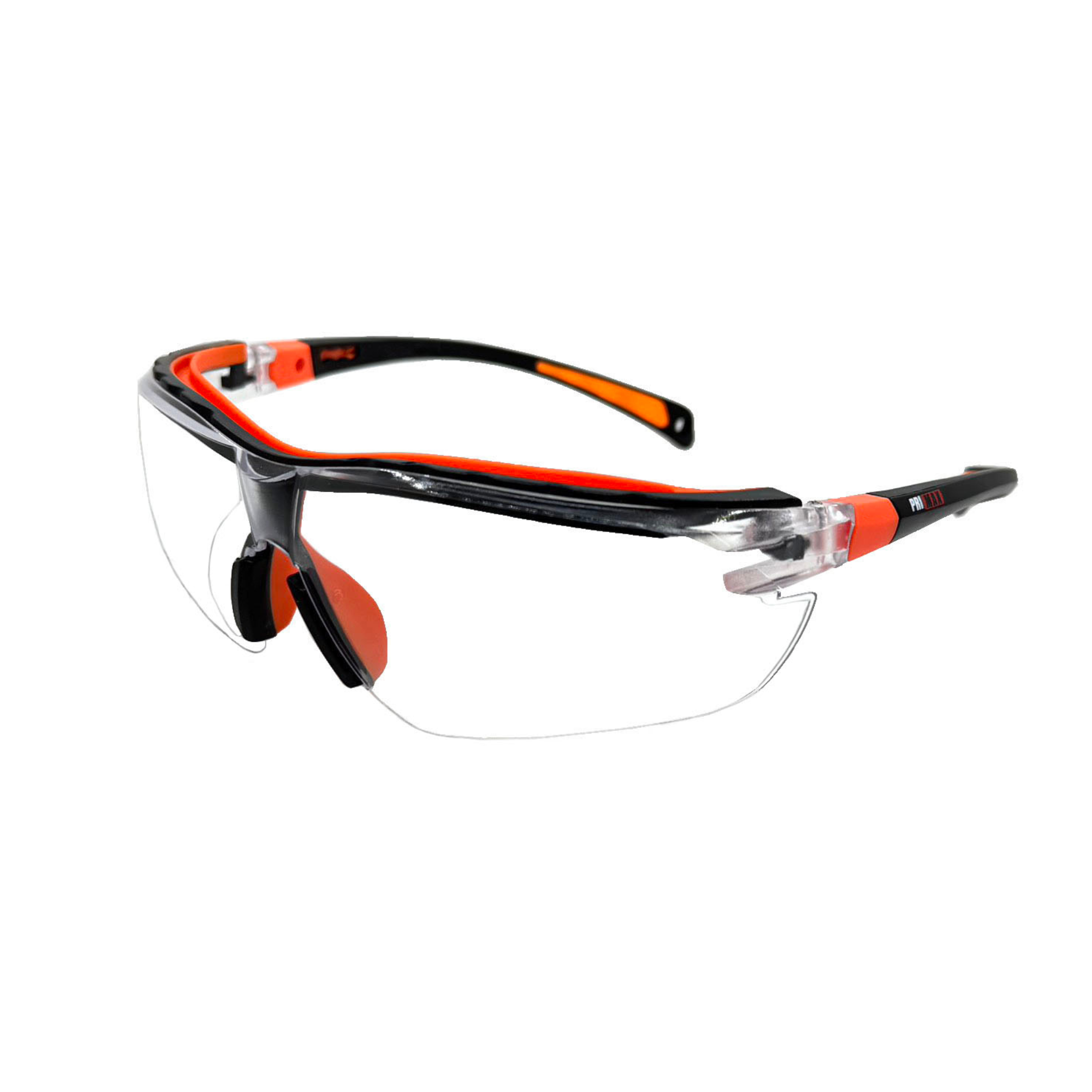 Half Frame Safety Glasses with Orange Adjustable and Ratcheting Temples, Rubber Nose Piece, Clear Lens and Anti-Scratch/Anti-Fog Coating <br> SG58RC