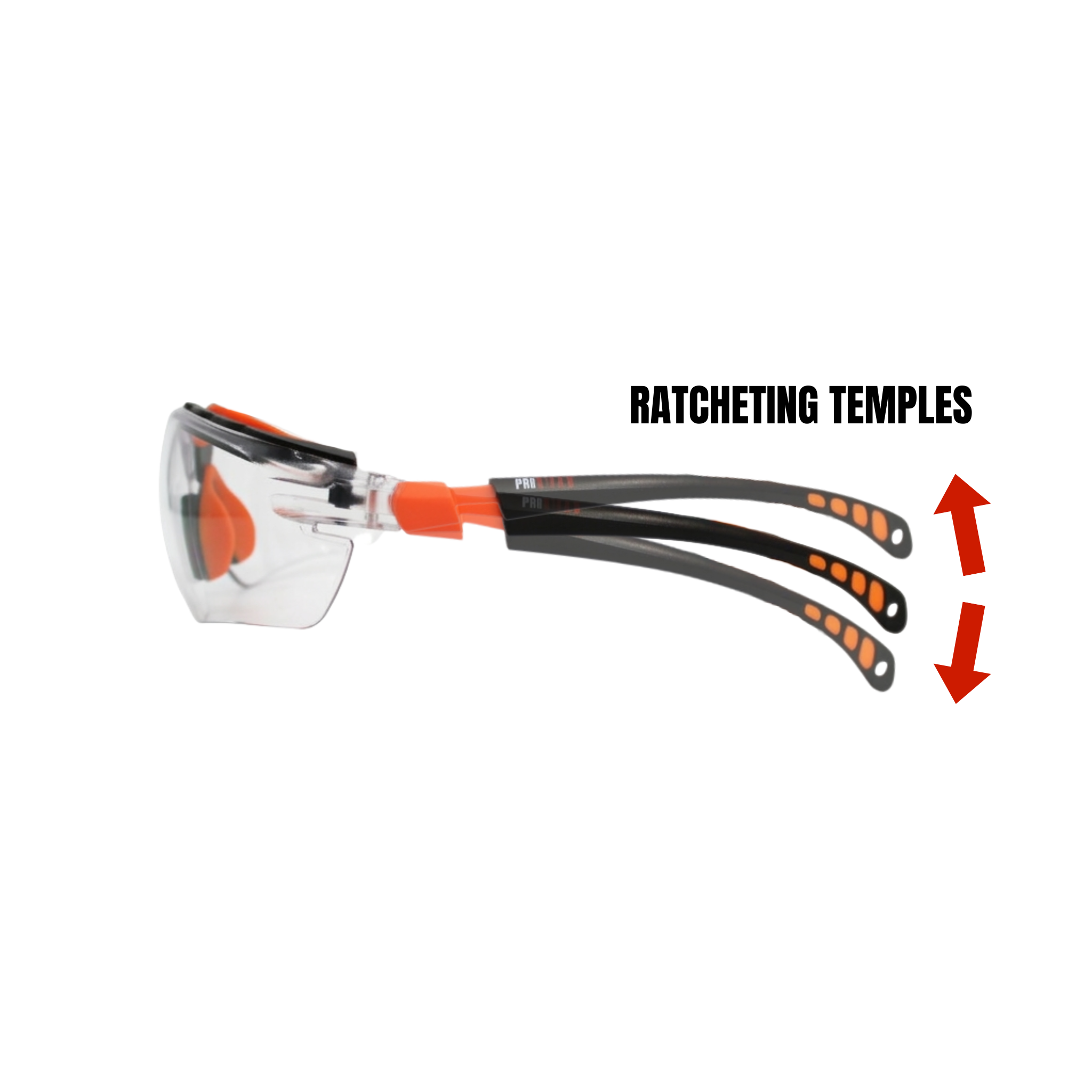 Half Frame Safety Glasses with Orange Adjustable and Ratcheting Temples, Rubber Nose Piece, Clear Lens and Anti-Scratch/Anti-Fog Coating <br> SG58RC/AF