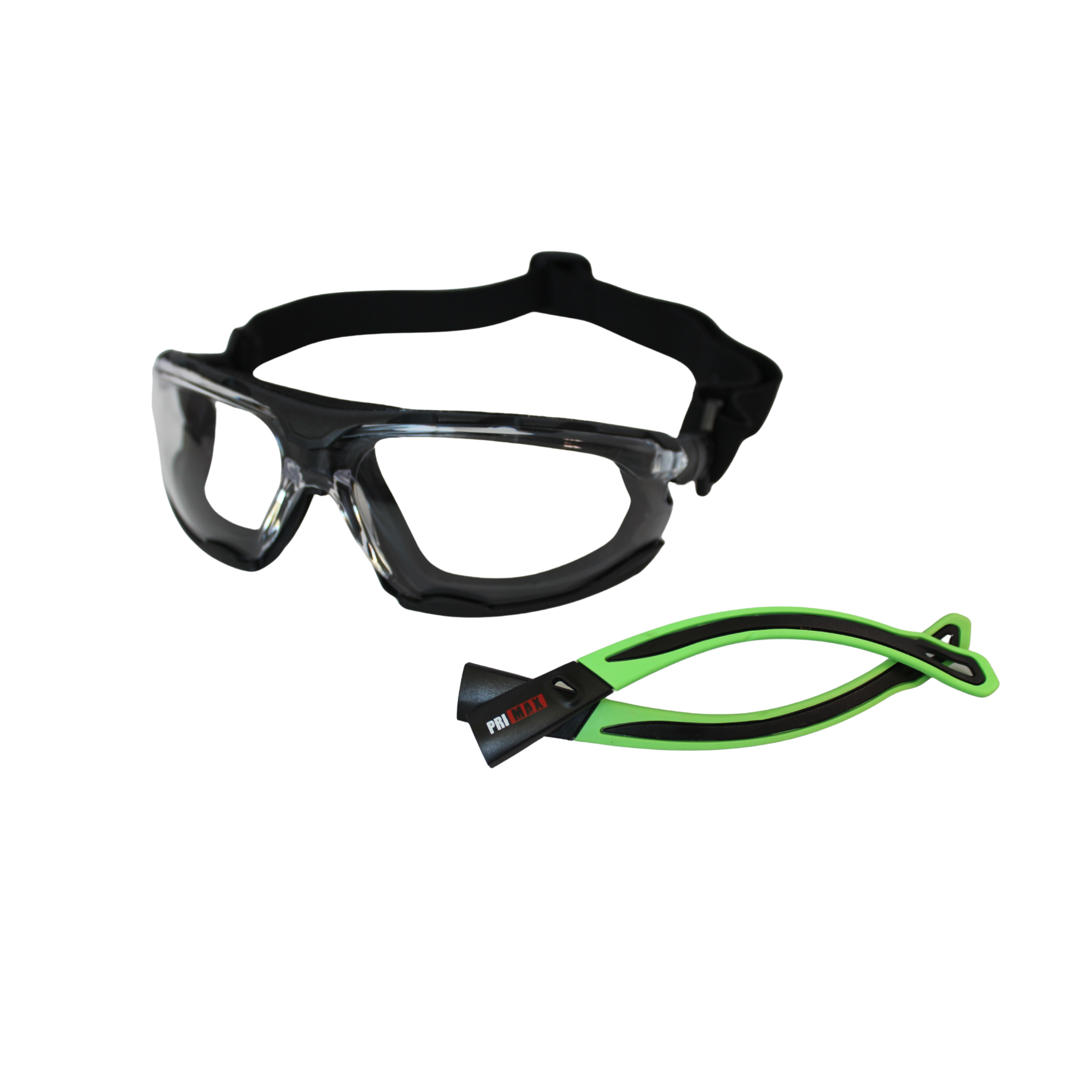 Full Frame Safety Glasses with Interchangeable Green Temples/Black Headband, Clear Lens and Anti-Scratch Coating <br> SG66C