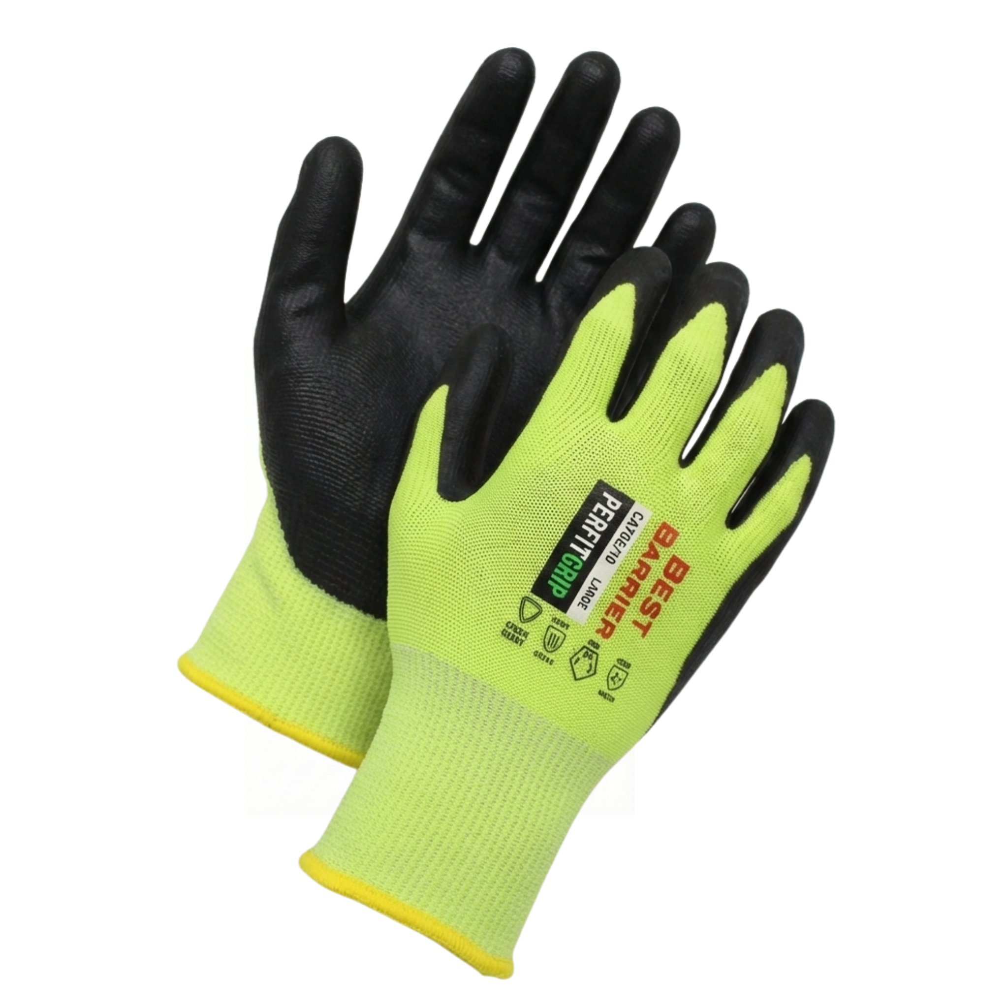 Cut Level A4, 13 Gauge <br> Hi-Viz Yellow Fiber Shell <br> Black Foam Nitrile Coated Gloves <br> CA4736