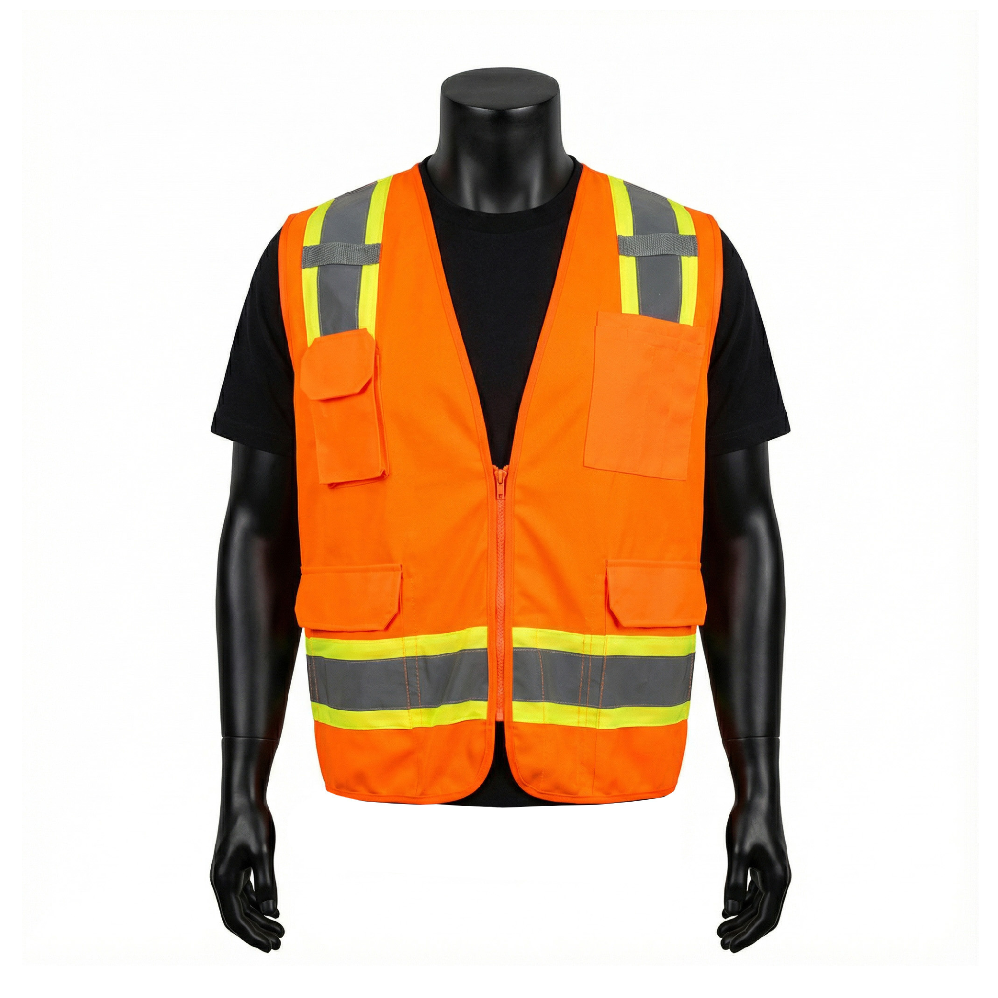 ANSI TYPE R CLASS 2 <br> TWO-TONE HI-VIZ ORANGE SURVEYORS VEST WITH SOLID FRONT MESH BACK <br> SV2612F