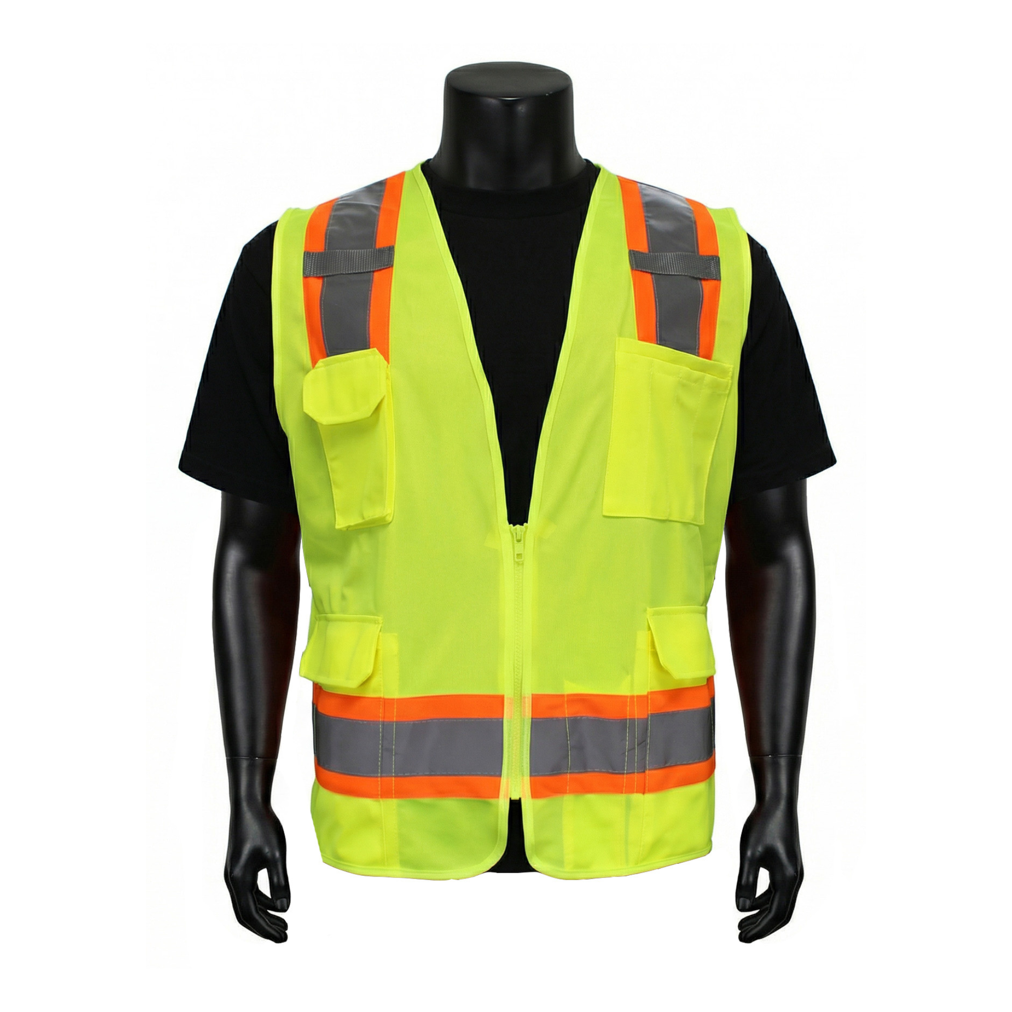 ANSI TYPE R CLASS 2 <br> TWO-TONE HI-VIZ LIME GREEN SURVEYORS VEST WITH SOLID FRONT MESH BACK<br> SV2612G