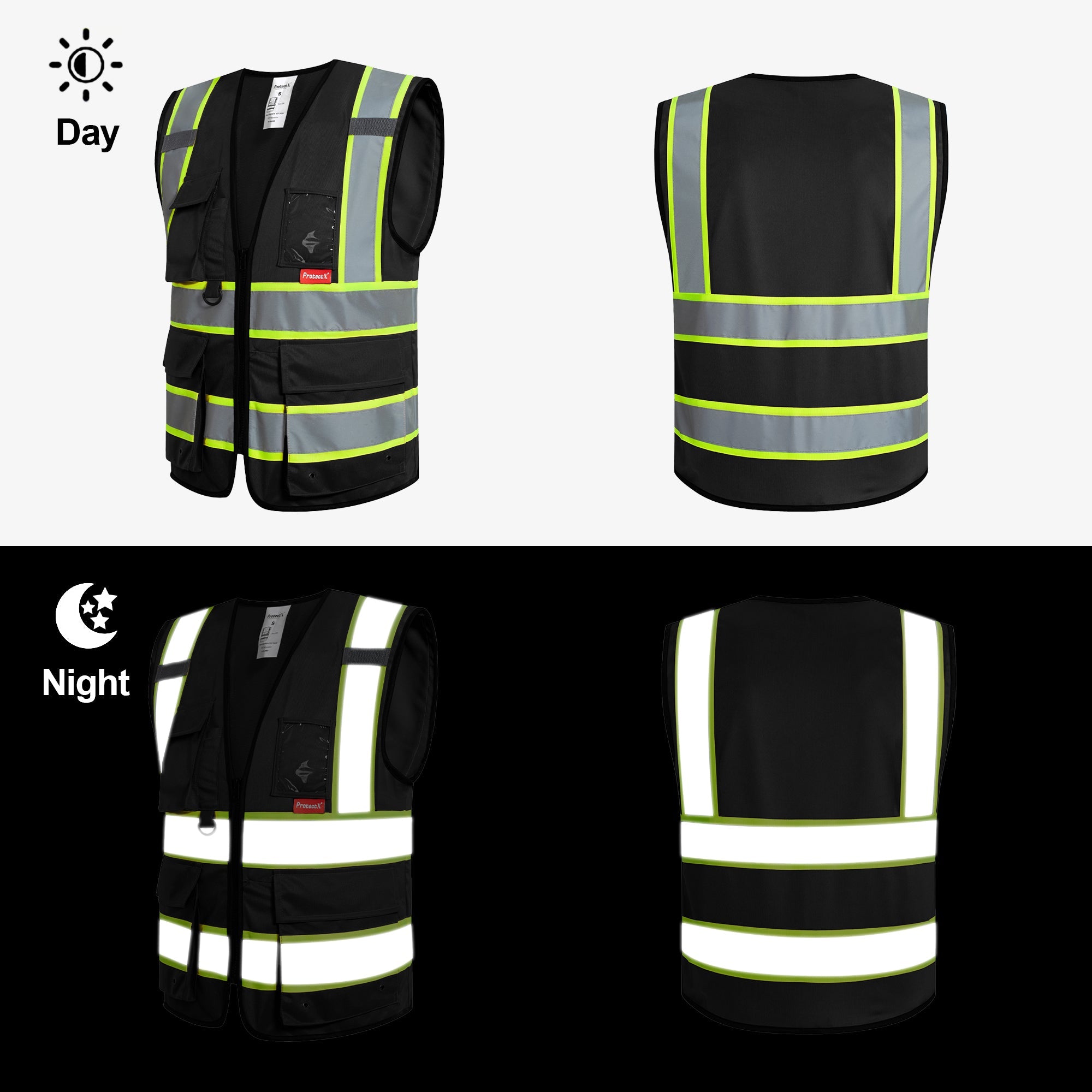 ProtectX 9 Pockets Black Safety Vest for Men Women High Visibility Reflective Vest for Construction Work<br>SV-120-SS9-BK-01