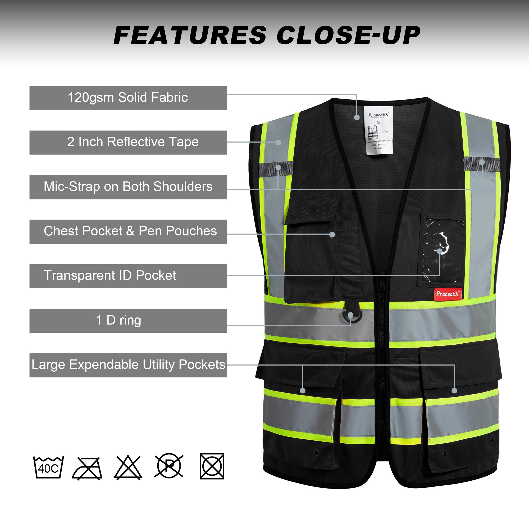 ProtectX 9 Pockets Black Safety Vest for Men Women High Visibility Reflective Vest for Construction Work<br>SV-120-SS9-BK-01