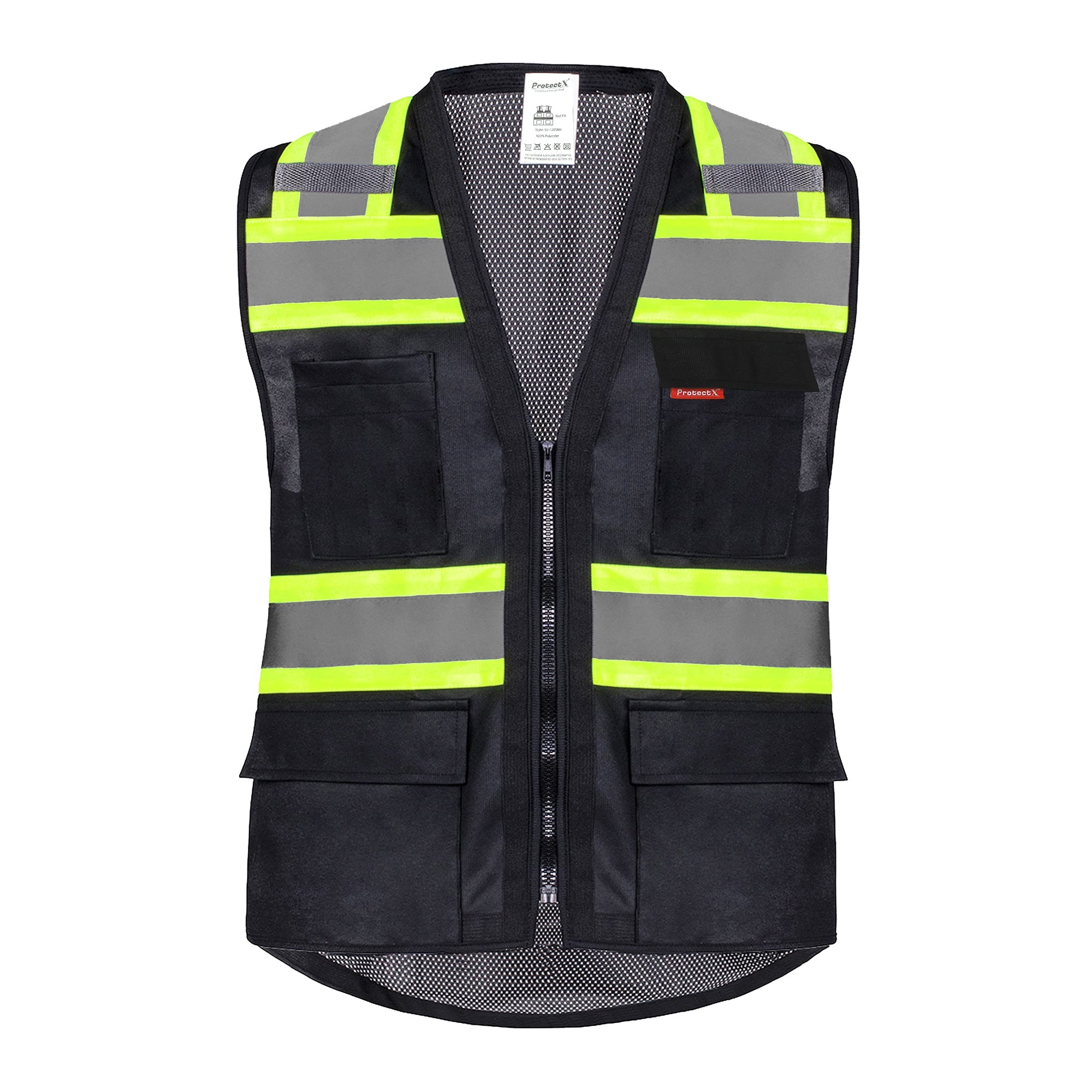 ProtectX Safety Vest Black Hi-Visibility Vest Solid Front Mesh Back with 6 Pockets<br>SV-120SM4-BKBK