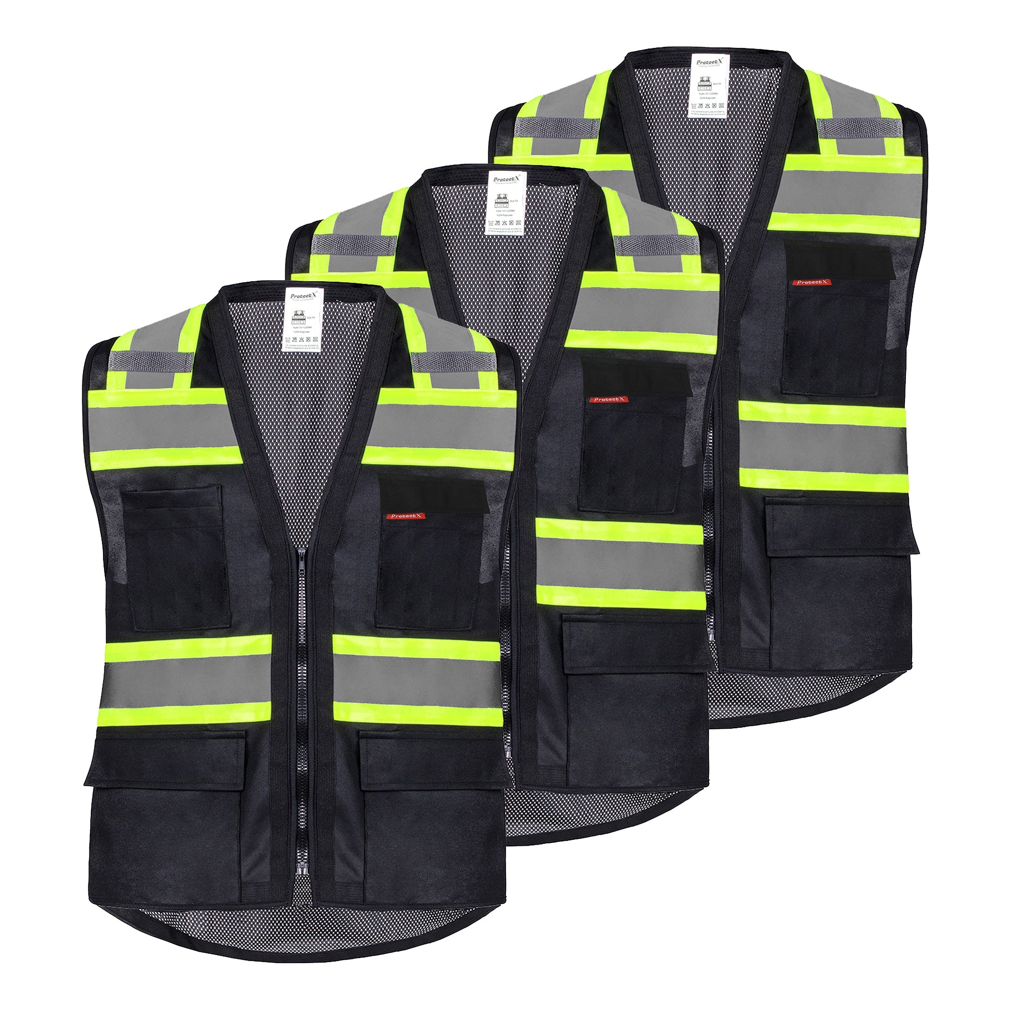 ProtectX Safety Vest Black Hi-Visibility Vest Solid Front Mesh Back with 6 Pockets<br>SV-120SM4-BKBK