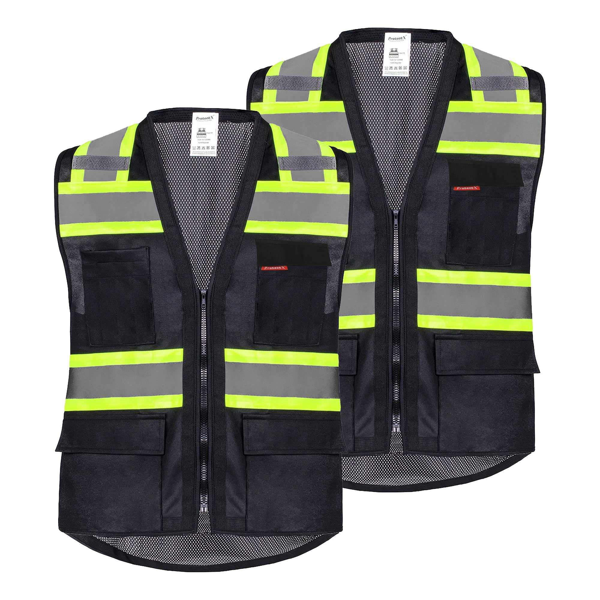 ProtectX Safety Vest Black Hi-Visibility Vest Solid Front Mesh Back with 6 Pockets<br>SV-120SM4-BKBK
