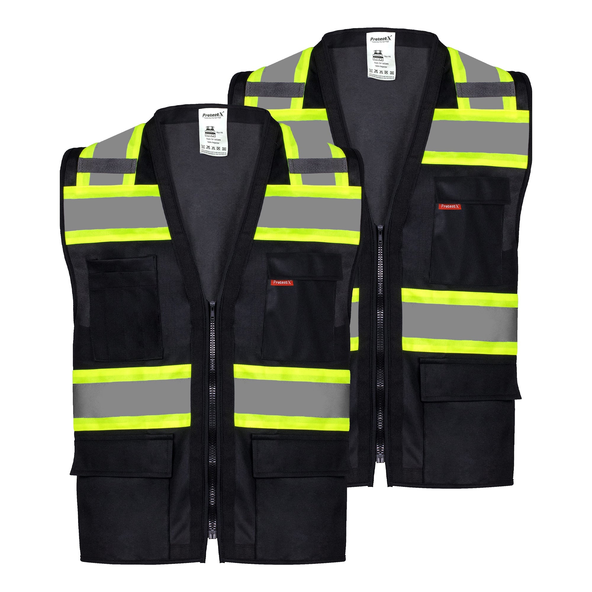 ProtectX Safety Vest Black Hi-Visibility Vest All Solid Fabric with 6 Pockets<br>SV-120SS4-BKBK
