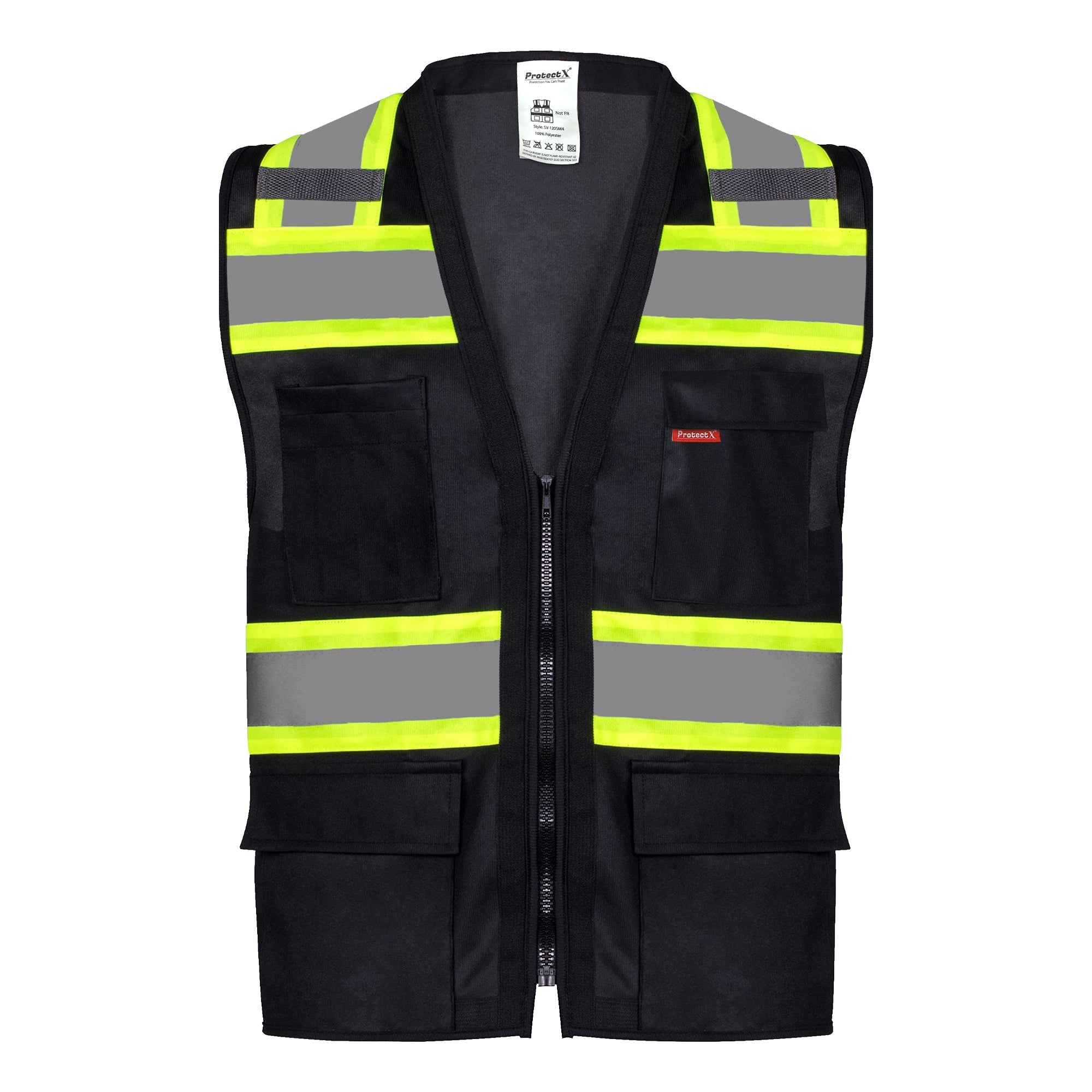 ProtectX Safety Vest Black Hi-Visibility Vest All Solid Fabric with 6 Pockets<br>SV-120SS4-BKBK