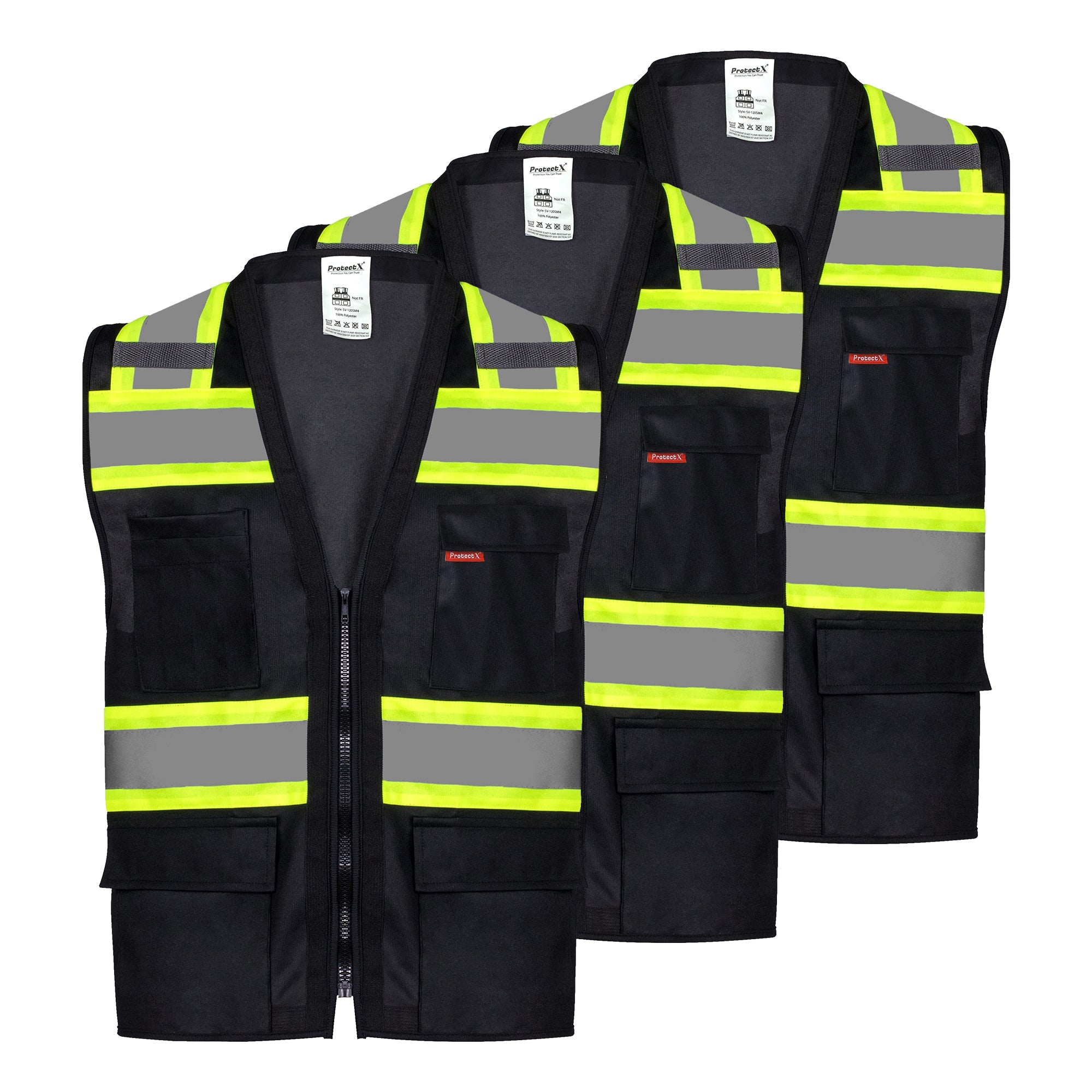 ProtectX Safety Vest Black Hi-Visibility Vest All Solid Fabric with 6 Pockets<br>SV-120SS4-BKBK